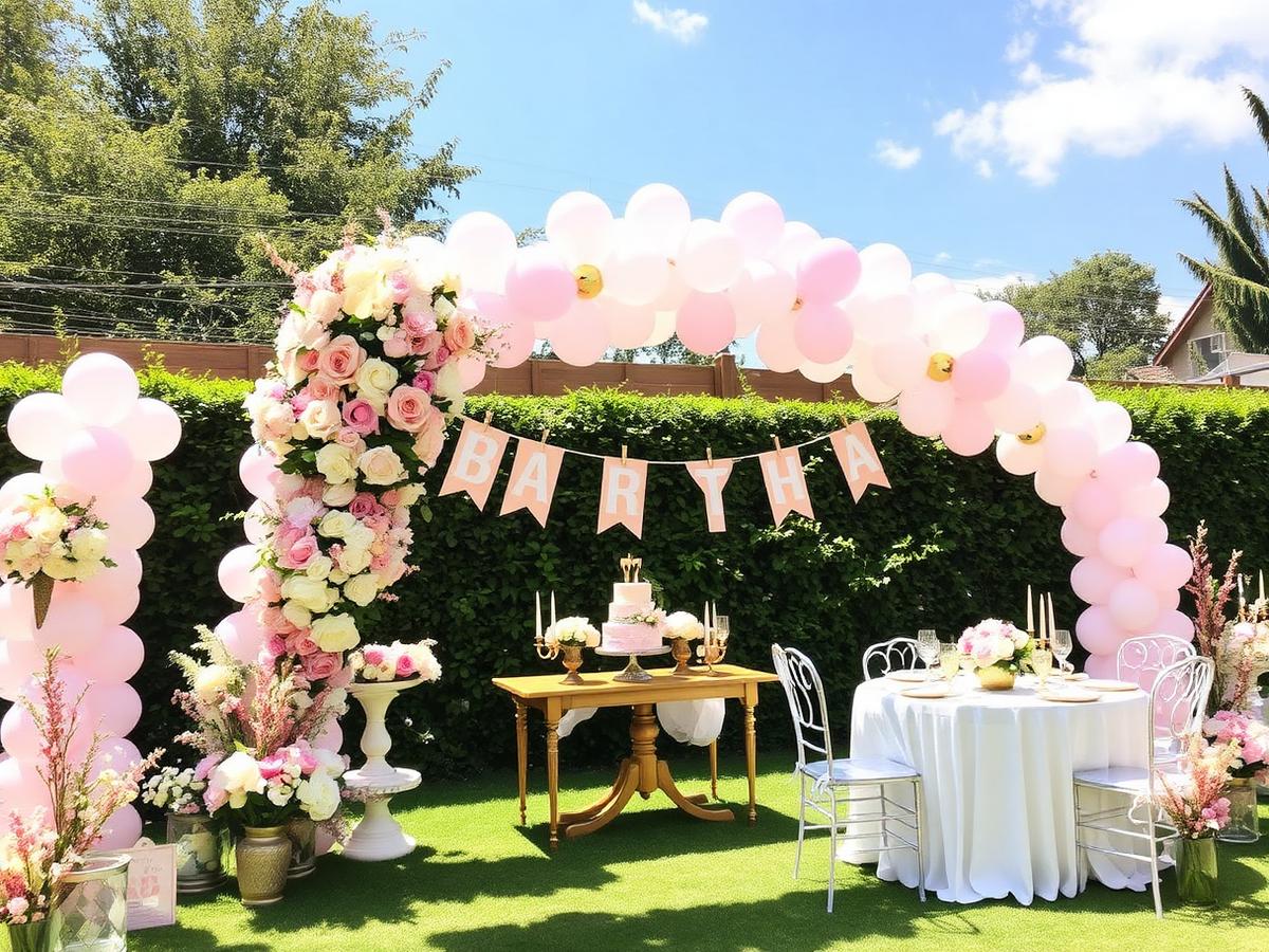 Garden birthday party with pastel balloon and floral arch