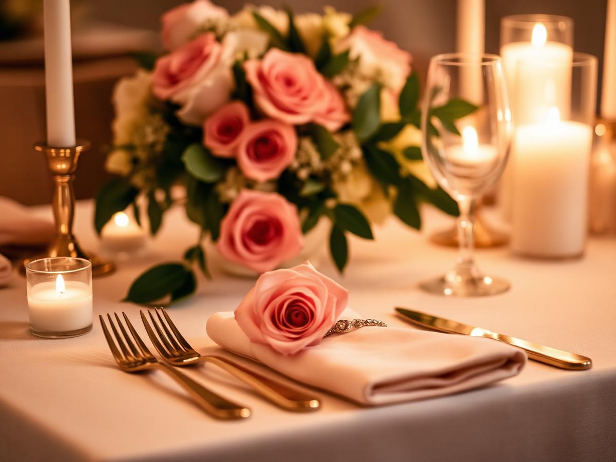 Gold cutlery and blush rose table setting detail