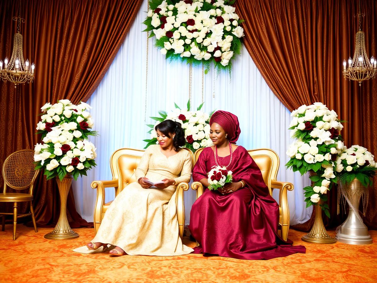 Traditional Nigerian engagement ceremony decor with gold thrones